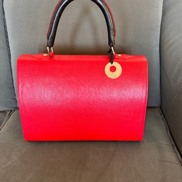 Femi Handbag | Stylish Red Leather & Black & White Striped Fabric - Picture 3 of 10